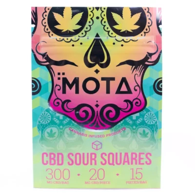 MOTA CBD Sour Squares packaging with cannabis leaf design, 300mg CBD total, 20mg per piece.