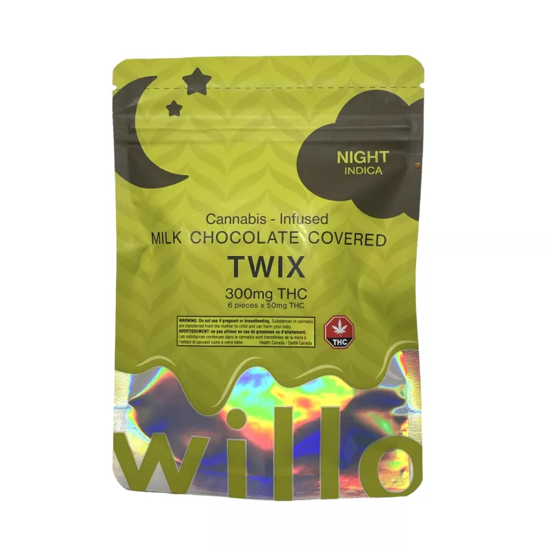 Cannabis-Infused Milk Chocolate Twix, 300mg Indica THC, with Health Canada approval.