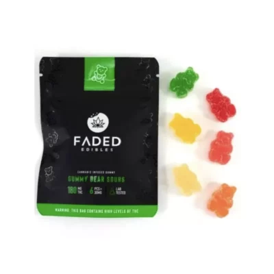 FADED Cannabis Sour Gummies - 180mg THC, 6 Piece Pack with THC Warning.