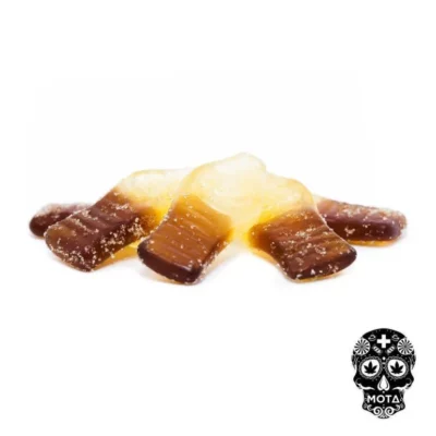 Cannabis-infused gummy bear with sugar skull logo, indica properties highlighted.