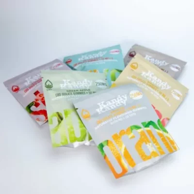 Variety pack of Kandy 250MG CBD Isolate Gummies in multiple flavors.