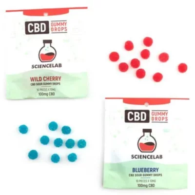 ScienceLab CBD Gummy Drops in Wild Cherry and Blueberry, 100mg per pack.