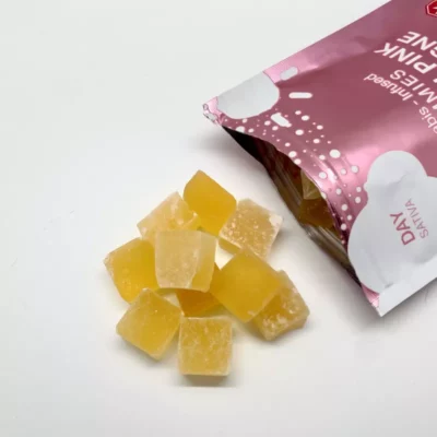 Elegant champagne-flavored gummy candies with metallic pink and silver packaging.