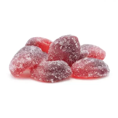 Chewy, sugar-coated cherry gummy candies for a sweet treat.
