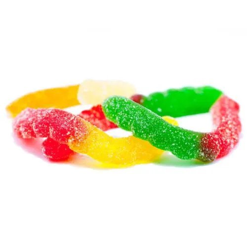 Assorted colorful sugar-coated gummy worms against a white background.