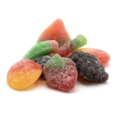 Colorful assortment of Faded Edibles fruit-flavored gummy candies with sugar coating.