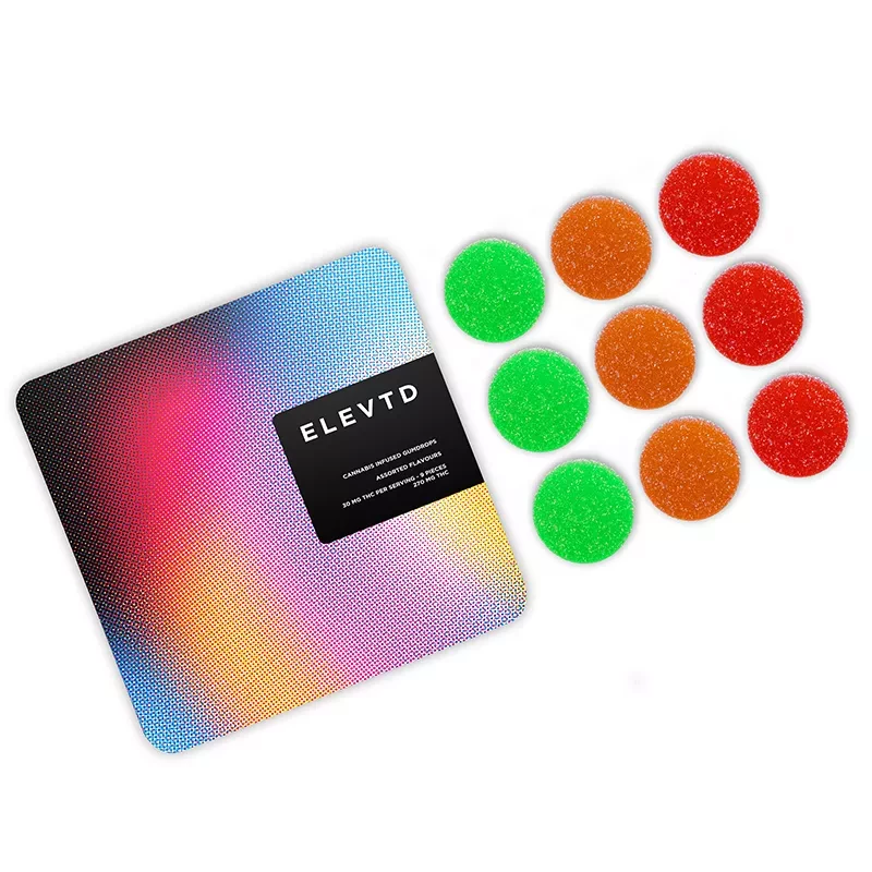 ELEVTD Cannabis Gummies Promo Card with Holographic Design and Flavor Dots