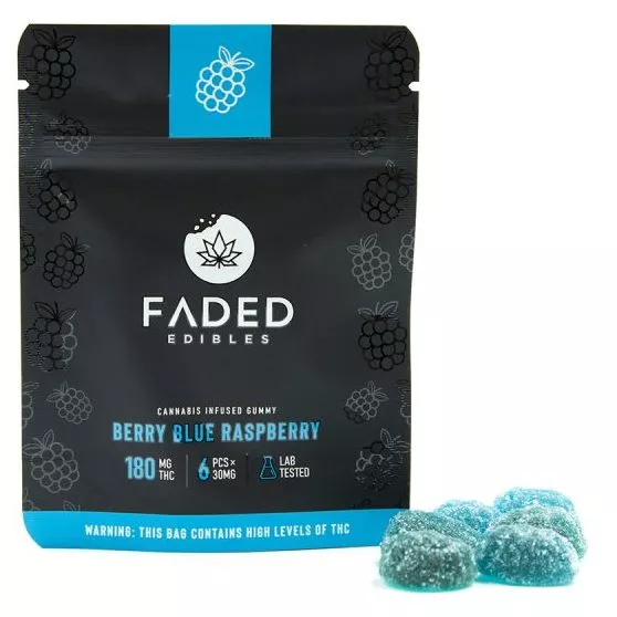 FADED Edibles 180mg THC Berry Blue Raspberry Gummies, package open with four candies visible.
