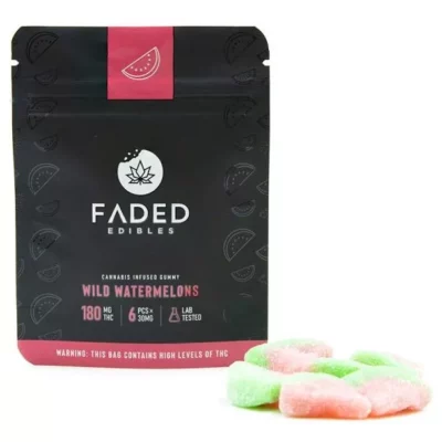 FADED 180mg THC Watermelon Gummies with lab-tested quality and resealable packaging.