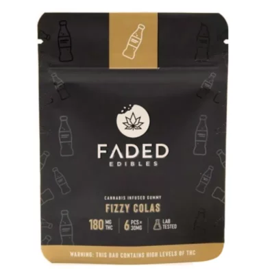 FADED Edibles 180mg THC Fizzy Cola Gummies with Lab-Tested Quality and THC Warning Label.