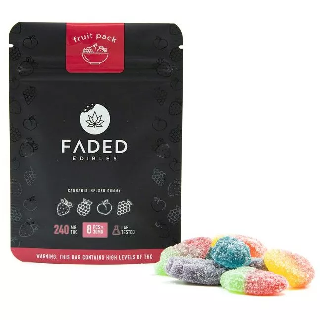 Faded Edibles cannabis gummies, 240mg THC, lab-tested, fruit flavors, 8 pieces.
