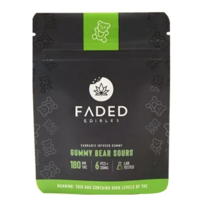 Faded Edibles 180mg THC sour gummy bears, lab-tested with potency warning.