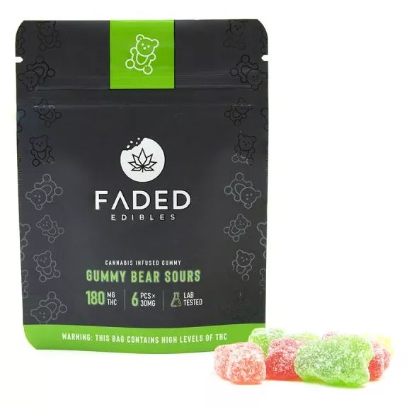 FADED Edibles 180mg THC sour gummy bears, open package with colorful candies on display.