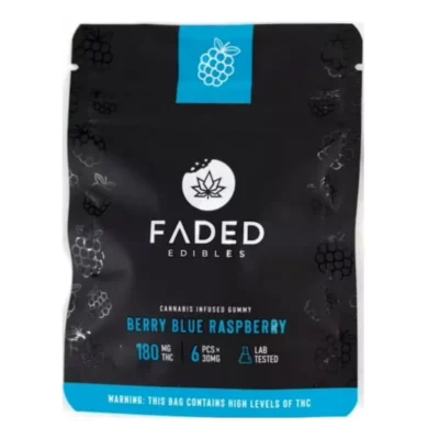 FADED Berry Blue Raspberry gummies with 180mg THC, lab-tested for quality and potency.