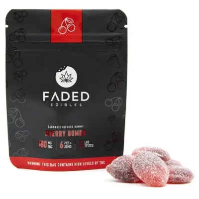 FADED Cherry Bombs gummies with 180mg THC, sugar-coated and cherry-flavored, warning label visible.