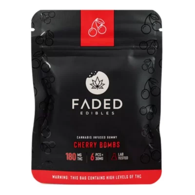 FADED Cherry Bombs Gummies, 180mg THC, Lab Tested with Dosage and Warning Info