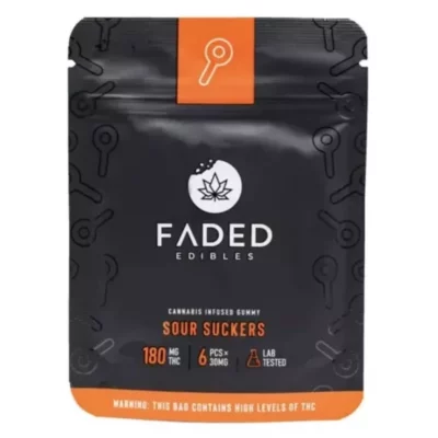 FADED 180mg THC Sour Gummy Suckers package with resealable design and lab-tested quality assurance.