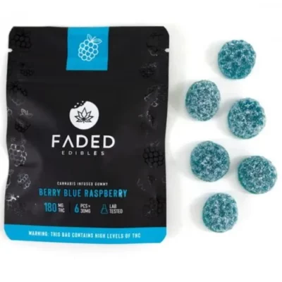 FADED Edibles Berry Blue Raspberry THC gummies, 180mg potency warning, lab-tested.