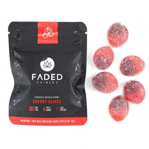 FADED Cherry Bombs - 180mg THC-infused gummy candies in new packaging.