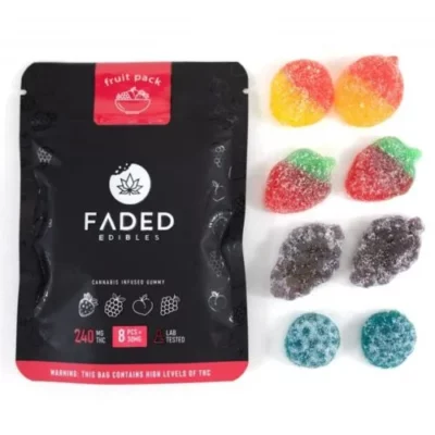 FADED Edibles 240mg THC-infused fruit gummy pack with potency warning.