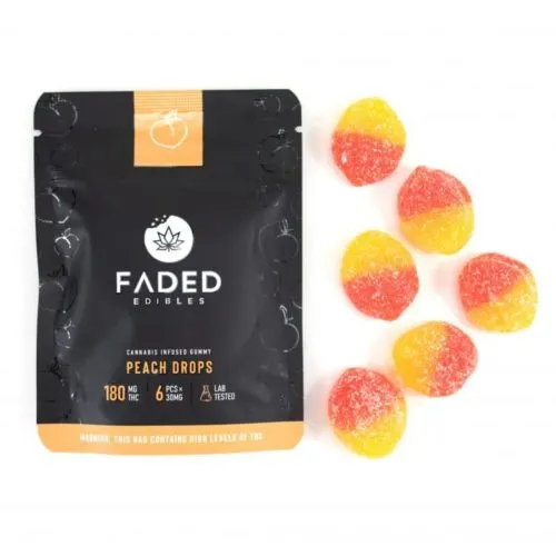 Faded Edibles peach-flavored THC gummies, 180mg, with child safety warning.