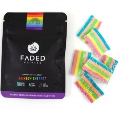 FADED Edibles Rainbow Sherbet Gummies with 180mg THC, colorful and sugar-coated.