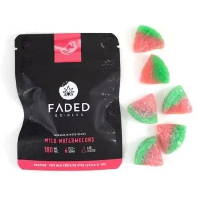 FADED Wild Watermelon gummies with 180mg THC, lab-tested, and safety warning on sleek packaging.
