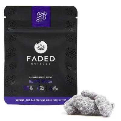 FADED Grape Crush gummies with 180mg THC in resealable pack, lab tested with warning label.