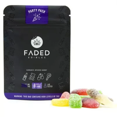 FADED Edibles 240mg THC Party Pack Gummies with Warning Label.