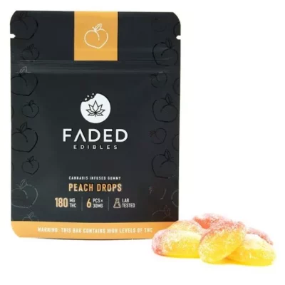 FADED Peach Drops cannabis gummies with 180mg THC, lab-tested, and high THC warning.