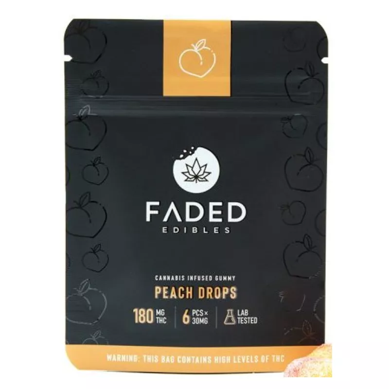 FADED Edibles 180mg THC Peach Gummies with Warning Label