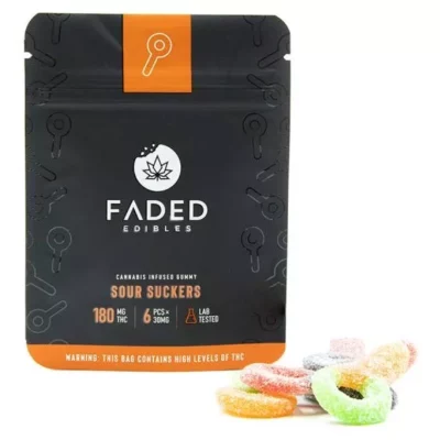 FADED Sour Suckers gummies with 180mg THC, colorful and sugar-coated, warning label visible.
