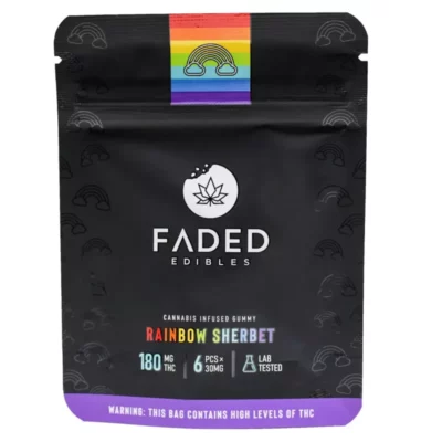 FADED Edibles 180mg THC Rainbow Sherbet Gummies with High Potency Warning