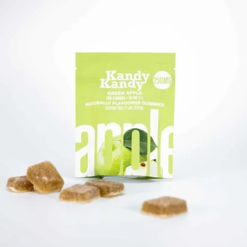 Kandy Kandy 250MG natural green apple flavored gummies on white background.