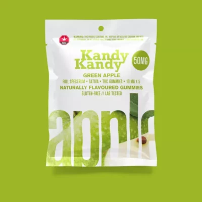 Kandy Kandy 50MG Sativa THC Green Apple Gummies, Gluten-Free & Lab-Tested with Usage Warning