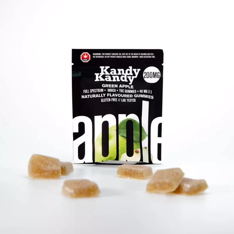 Kandy Kandy 200mg THC Green Apple Gummies package with loose candies on white background.