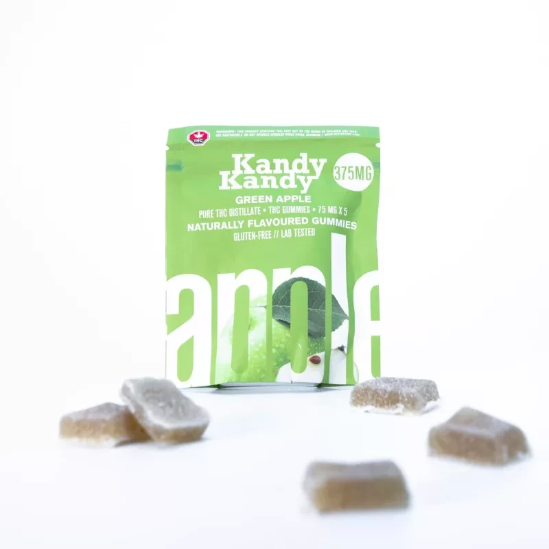 Kandy Kandy 375mg THC Green Apple Gummies, lab-tested and gluten-free.
