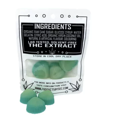 Organic Green Clover THC Gummies, Lab-Tested, Solvent-Free, with Storage Instructions.