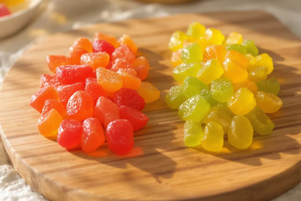 Two piles of vibrant, sugar-coated gummy candies on a wooden board.
