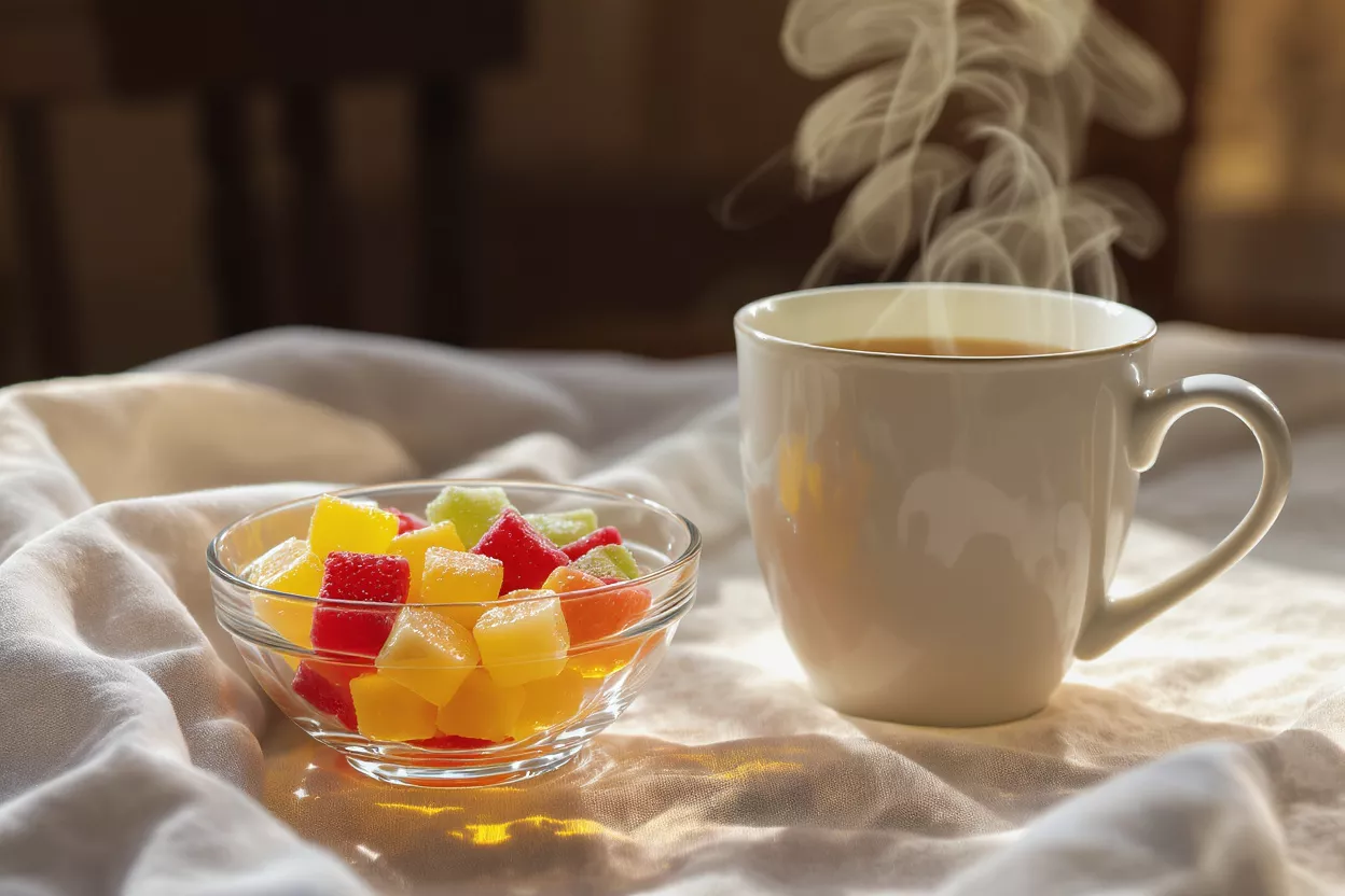 A white mug of steaming tea next to a bowl of colorful gummy candies.