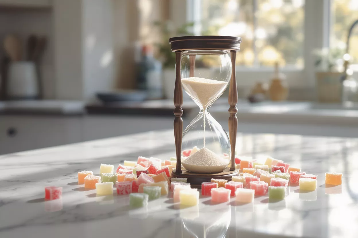 Hourglass surrounded by colorful square candies on a kitchen counter.