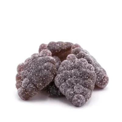 Sugar-coated gummy candies resembling blackberries with realistic texture and deep purple hue.