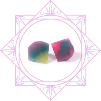 Colorful SeC Hidden Gems THC Gummies - 200mg on geometric purple background.