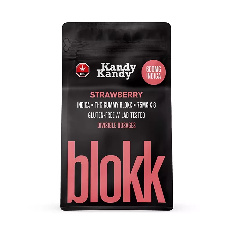 Kandy Kandy Strawberry Indica THC Gummy Blocks, 600mg - Gluten-Free and Lab-Tested.