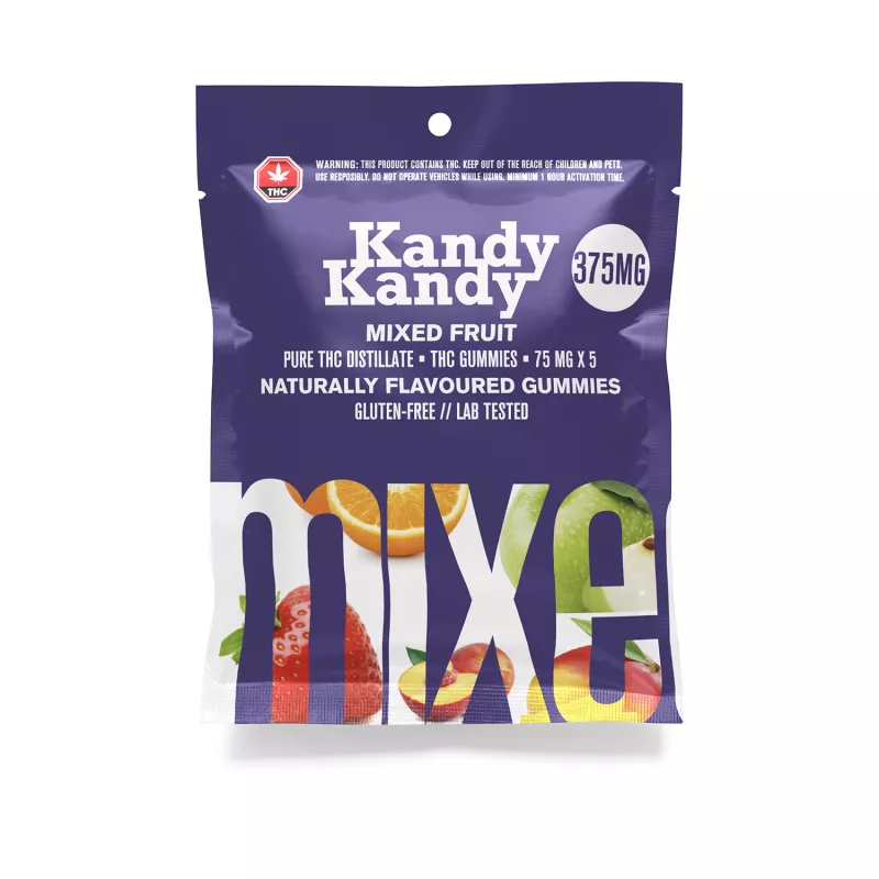 Kandy Kandy THC Gummies, 375mg, Mixed Fruit Flavor, Gluten-Free, with Safety Warning.