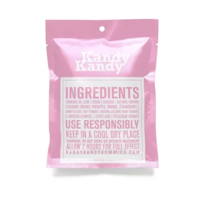 Kandy Kandy 250mg CBD Strawberry Gummies in glossy pink packaging with usage instructions.