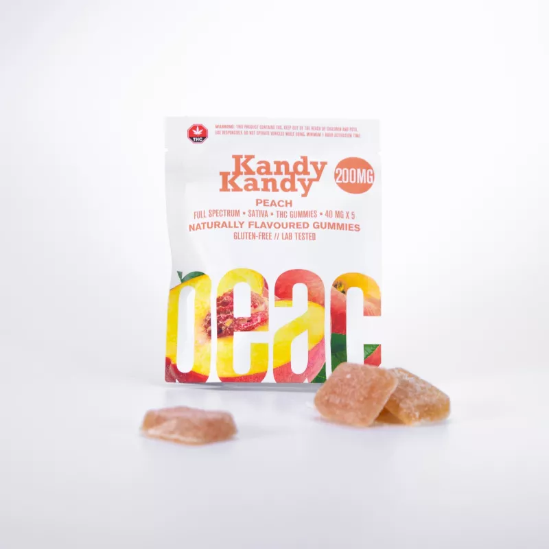 Kandy Kandy 200mg THC Sativa Peach Gummies, Gluten-Free and Lab-Tested.