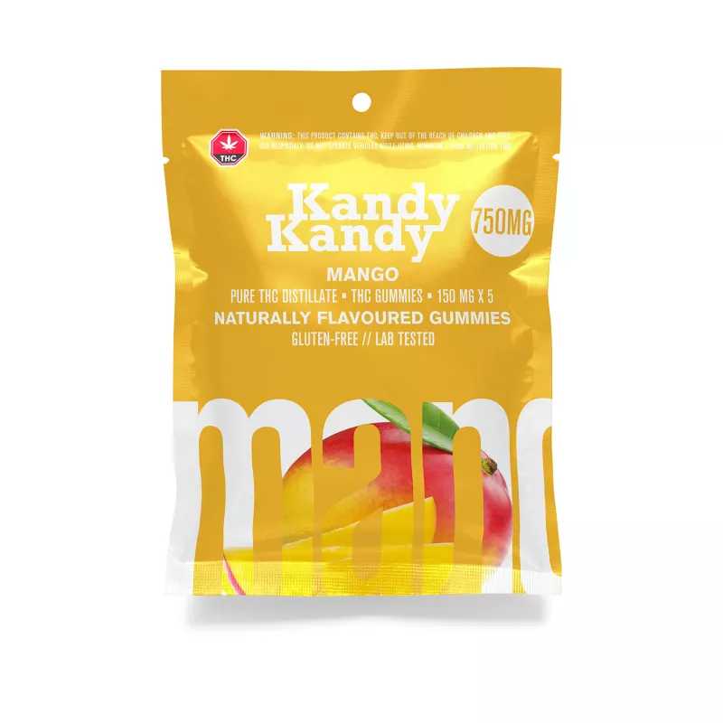Kandy Kandy Mango Gummies with 750mg THC, gluten-free and lab-tested.