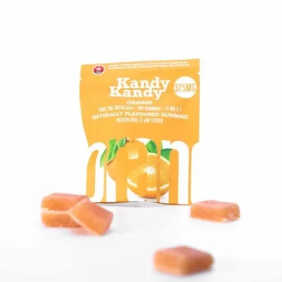 Kandy Kandy Orange Gummies, Natural Flavor, 375MG Pack on White Background.