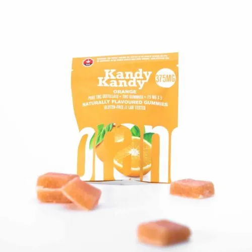 Kandy Kandy Orange Gummies, Natural Flavor, 375MG Pack on White Background.